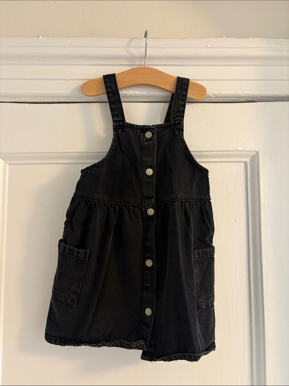 Zara Kids - Black Denim Button-Front Pinafore Dress
